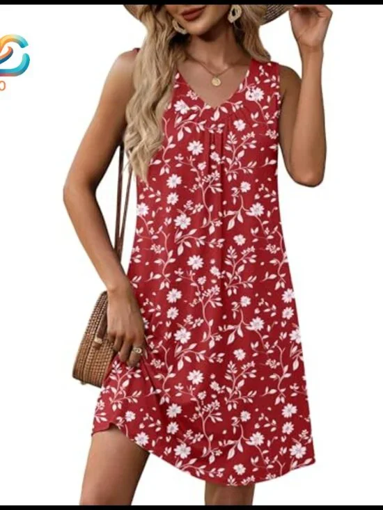 Sleeveless V-Neck Pleated Sundress with Pockets, Knee Length Casual Dress - Picture 4 of 6